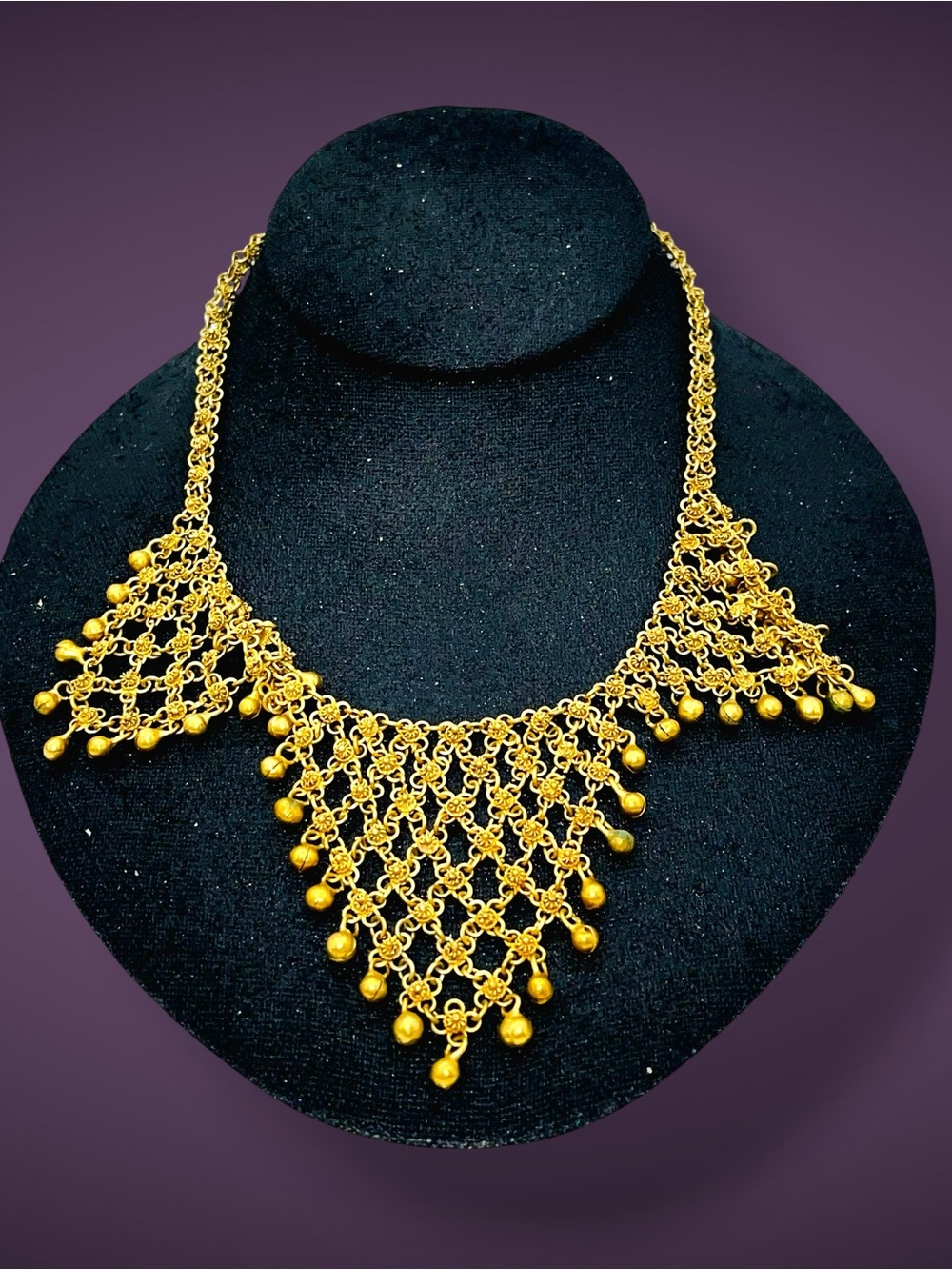 Vintage Brass Filigree Bib Statement Necklace Mesh Fringe Dangle Drop Collar